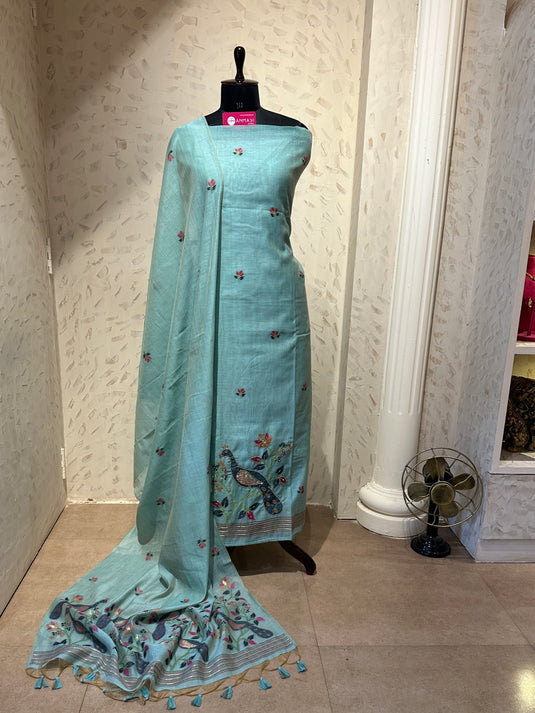 Jamdani soft shade highlighted peacock cotton silk suit set