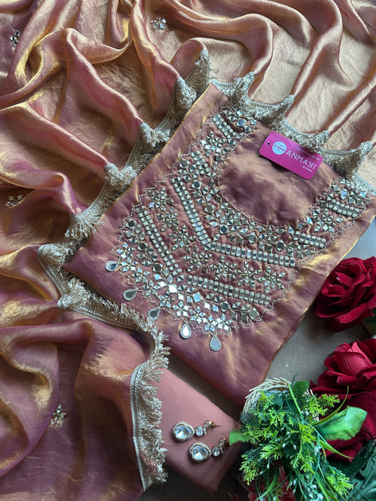 Mirror work rose gold shimmer silk suit set with fringe lace details
