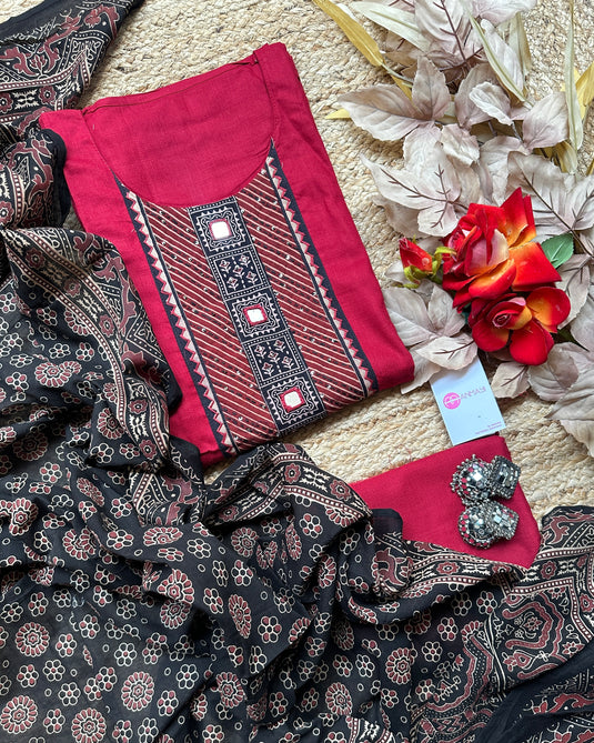 Rayon mirror work suits with floral ajrakh dupatta