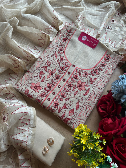Authentic Kantha work golden Jamdani suit set