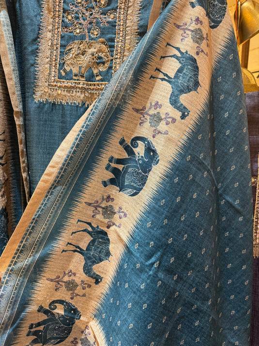 Highlighted Khadi Chanderi figure print suit set