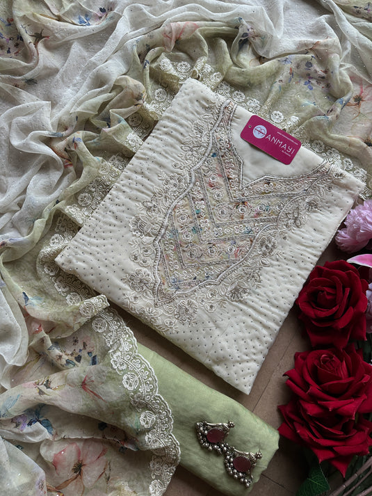 Organza Swarovski work suits with Parsi work and ombré dupatta