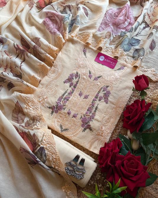 Pakistani Mul Chanderi self embroidery suit set with digital dupatta