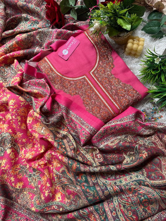 Aari work neck woollen suits with Kani print shawls