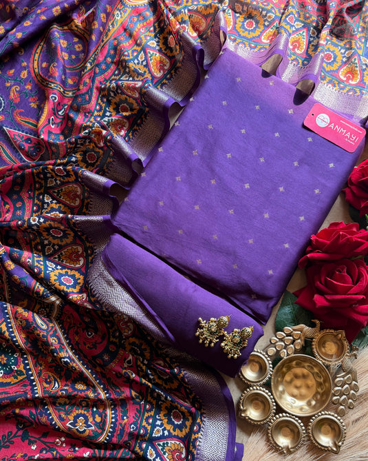 Purple Banarasi pure silk suit with print dupatta