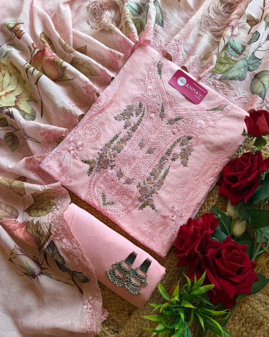 Pakistani Mul Chanderi self embroidery suit set with digital dupatta
