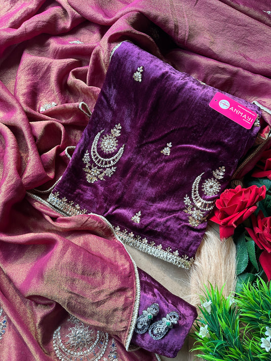 Hand crafted pure velvet suit set with tissue dupatta