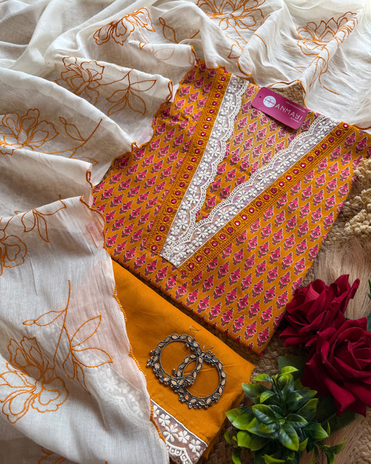 Printed Cambric cotton crochet V neck suit set with embroidered dupatta