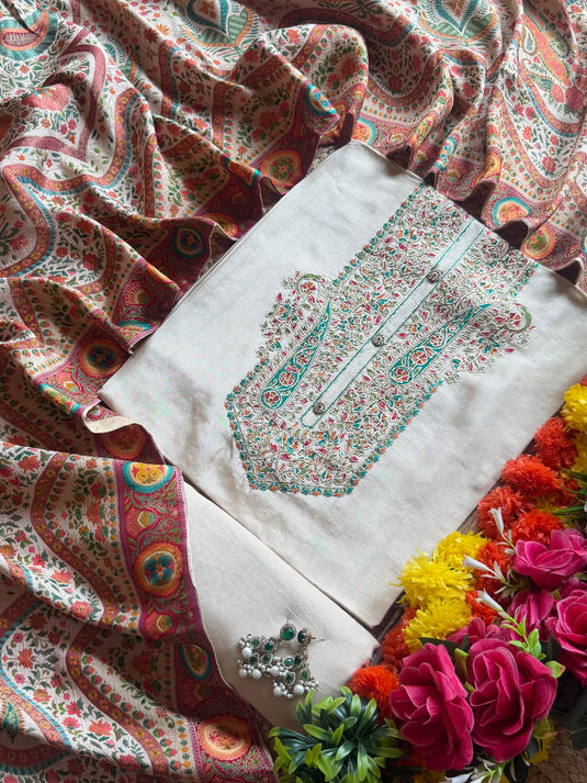 Silk ivory position print suit set with Kani weave dupatta