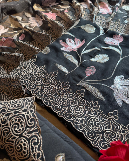 Soft sequins work organza shimmer suit set