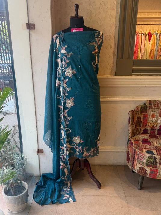Satin stitch outline and cutwork mul chanderi suit set