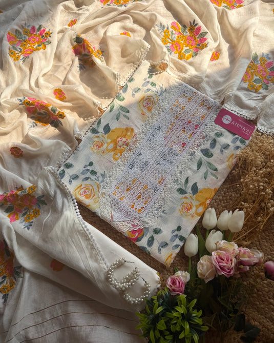 Creamy garden weave cotton suit set