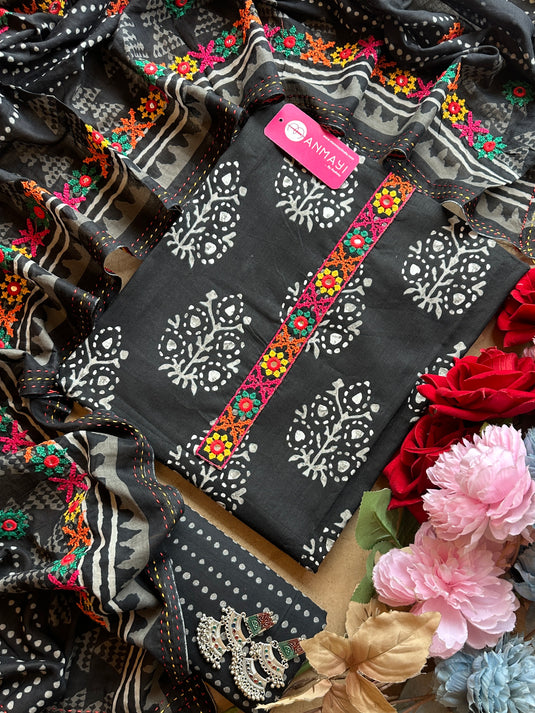 Block print cotton suit set with Phulwari work dupatta