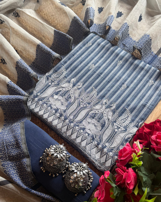 Peacock motif stripes handloom cotton suit set