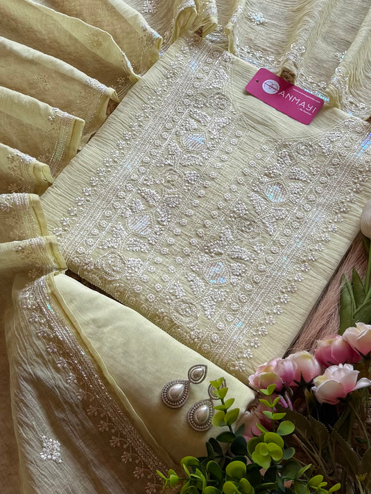 Lucknawi cutdana work pastel Mul Chanderi suit set