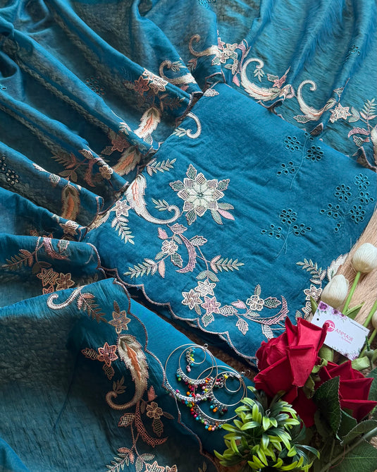 Satin stitch outline and cutwork mul chanderi suit set