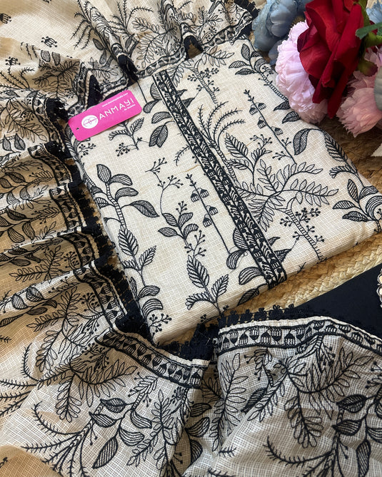 Kota Doria embroidered Jaal beige black suit