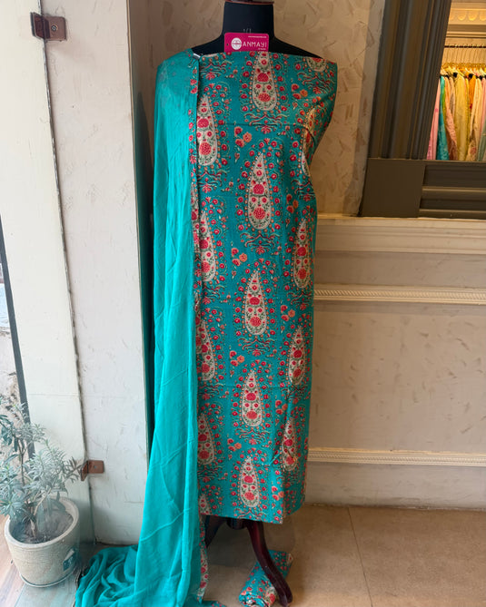 Persian print fine Cambric cotton suit set with chiffon dupatta