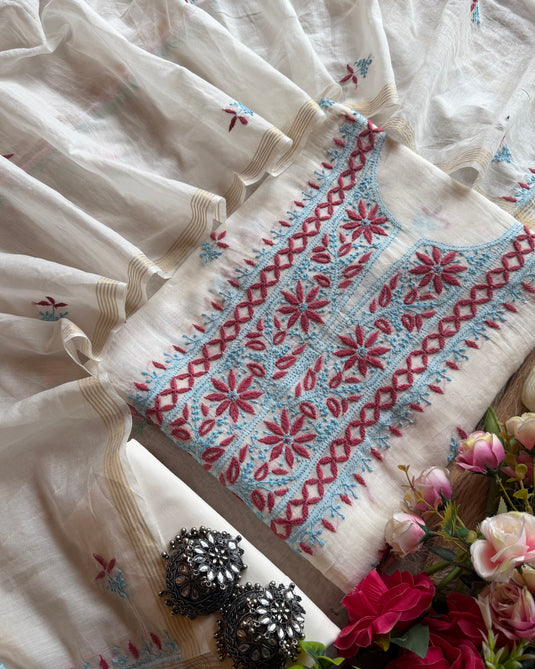 Ivory pure Mul chanderi suit with chikankari embroidery