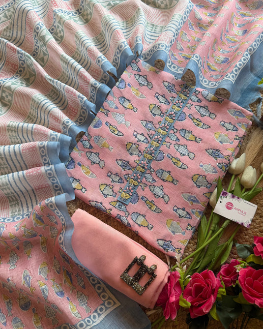 Linen Kantha work digital fish suit set