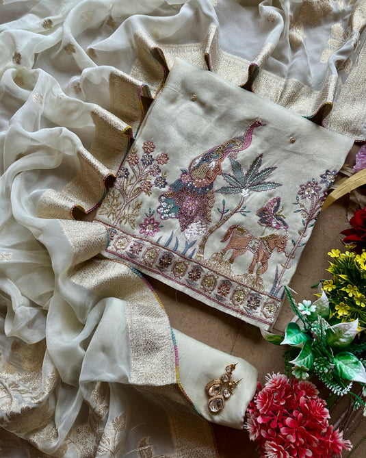Shimmer organza hand crafted garden scene suit