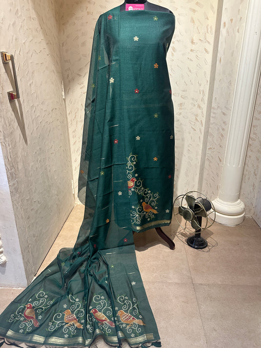 Cotton silk coloured Jamdani with bird motifs and cotton bottom