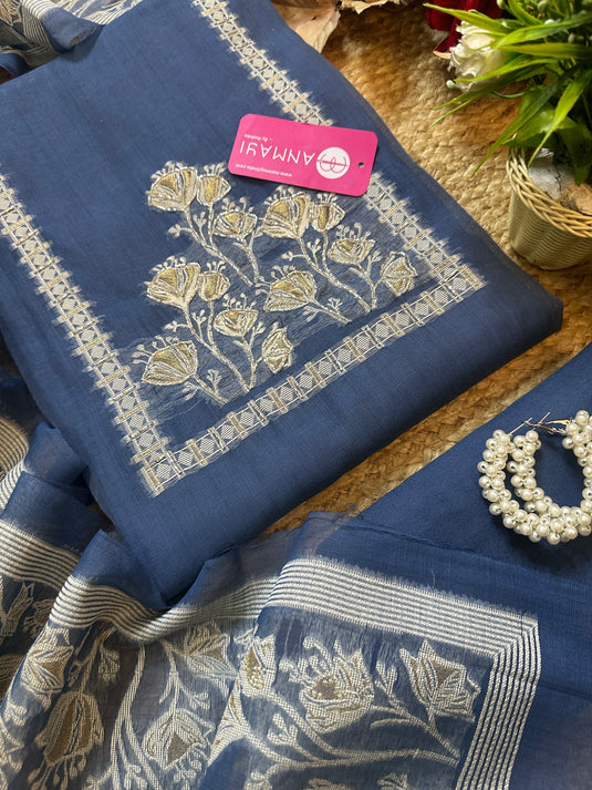 Jamdani indigo cutwork highlight neck cotton silk suit
