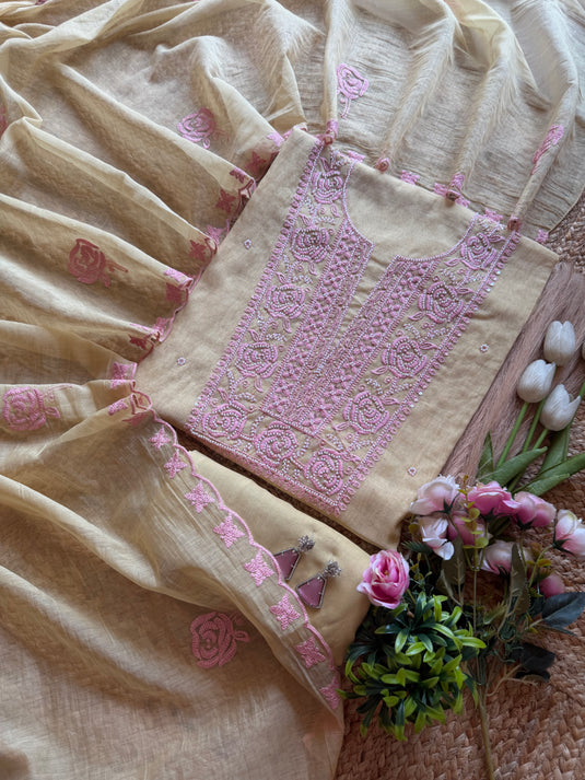 Bold pearl rose Mul Chanderi pastel suit set