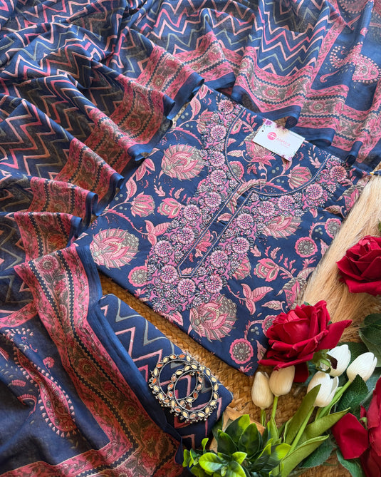 Printed Cambric cotton embroidered neck suit set