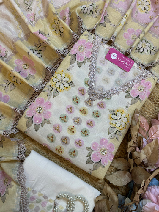 Soft shaded pallets pure linen floral suit set