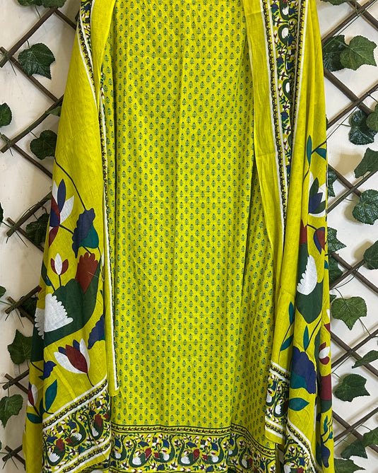 Cotton neon swan print suit with digital dupatta