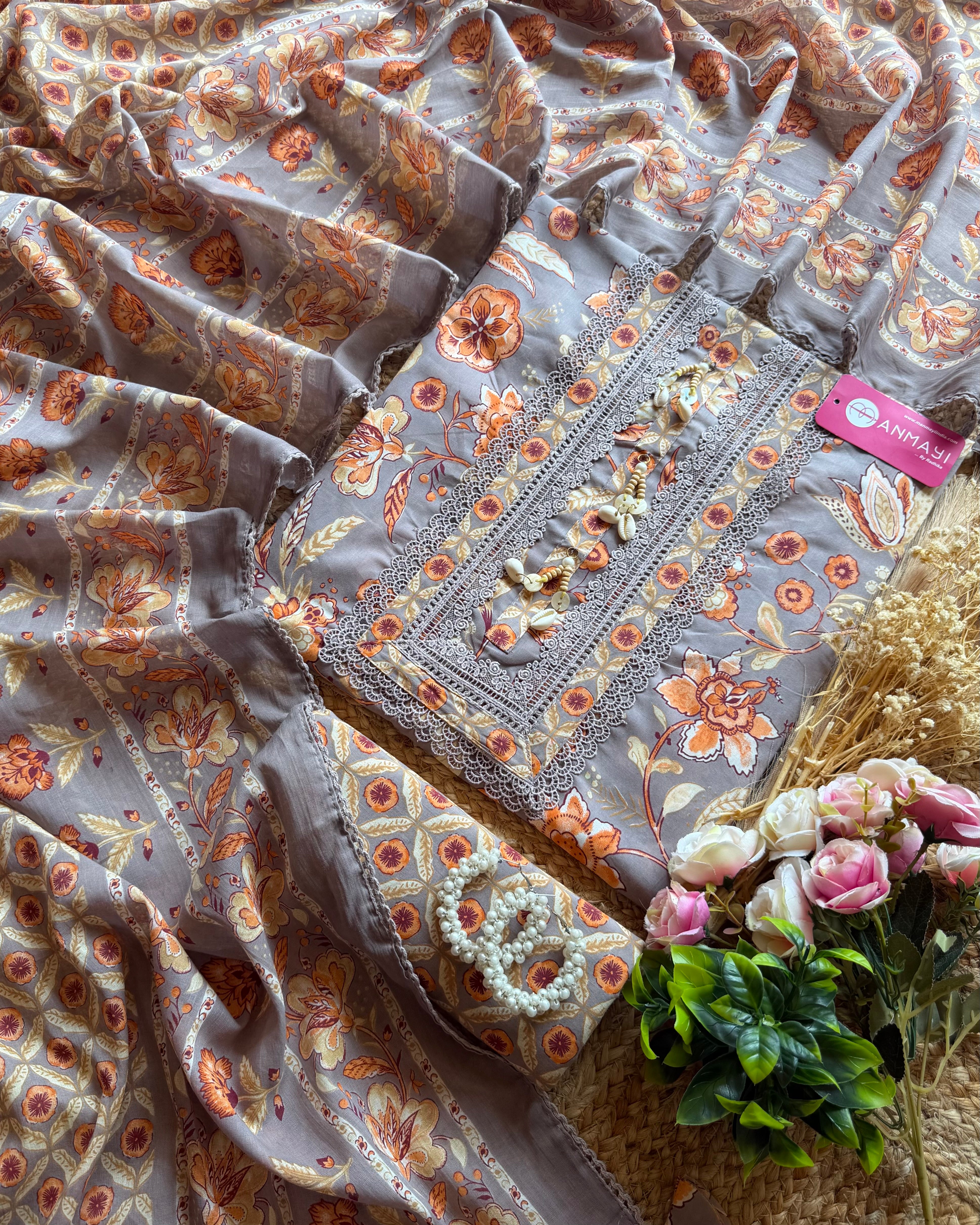 Shell neck printed pure cotton suit set