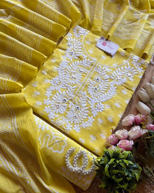 Phulkari Mirror Neck printed Cambric cotton suit set