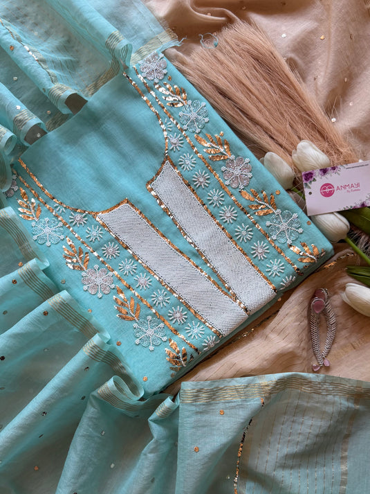 Pure Mul Mukaish Kamdani hand embroidered suit set (Design 2)