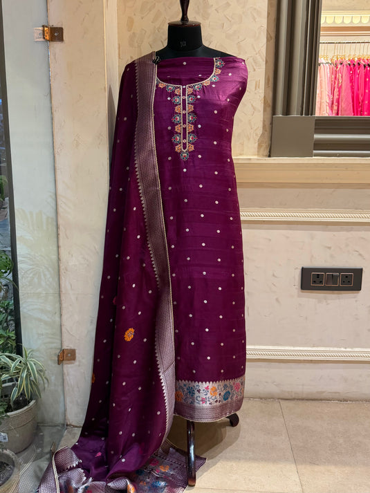 Raw silk mulberry brocade border suit set