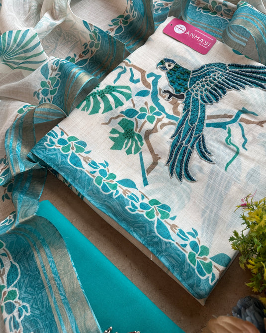 Pure linen combination embroidered birdie suit set