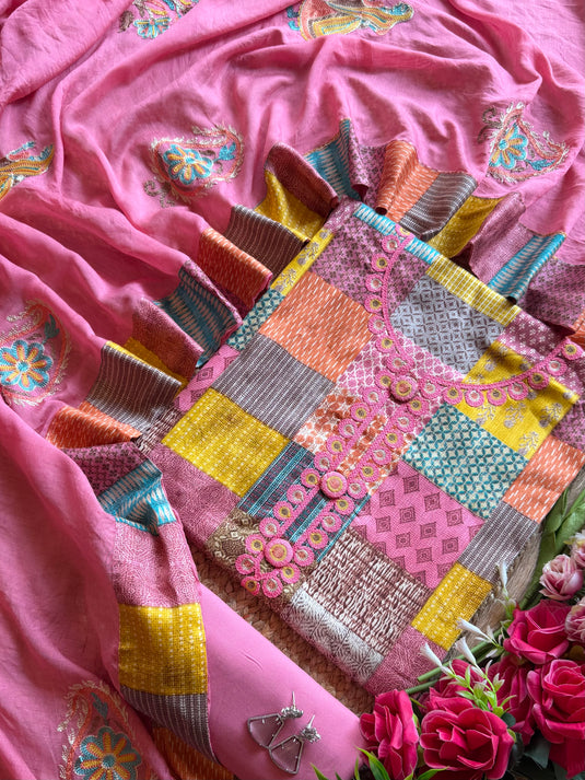 Printed blocks pink cotton suit set with embroidered dupatta