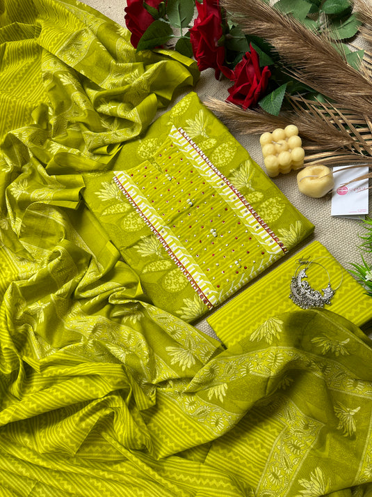 Bright Floral Pure Cotton suits with potli buttoned neck