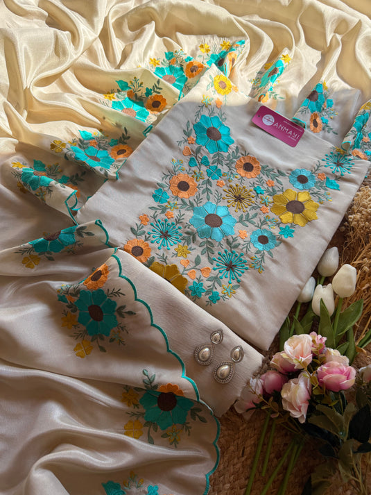 Shimmer ivory suit with flower Parsi embroidery
