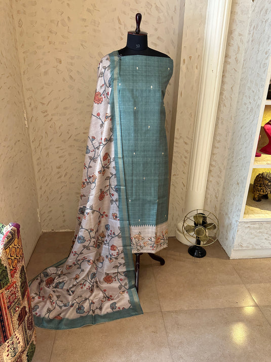 Semi Tussar mirror highlight suit set with highlighted border