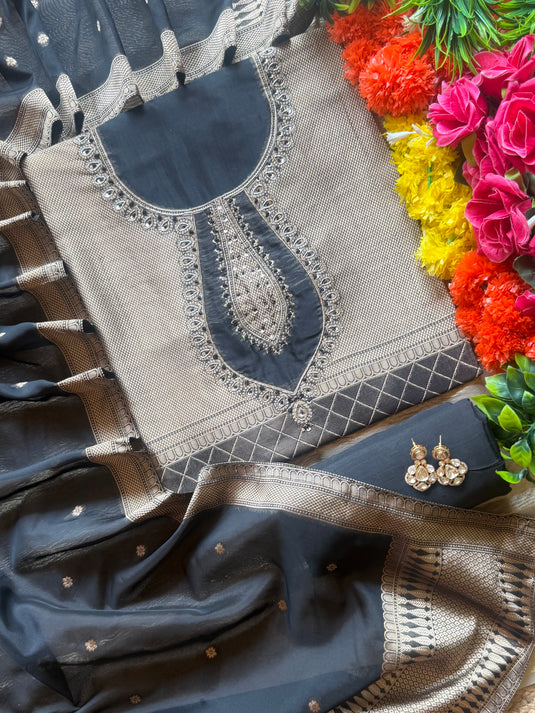 Royal neck cross weave black taffeta silk suit set