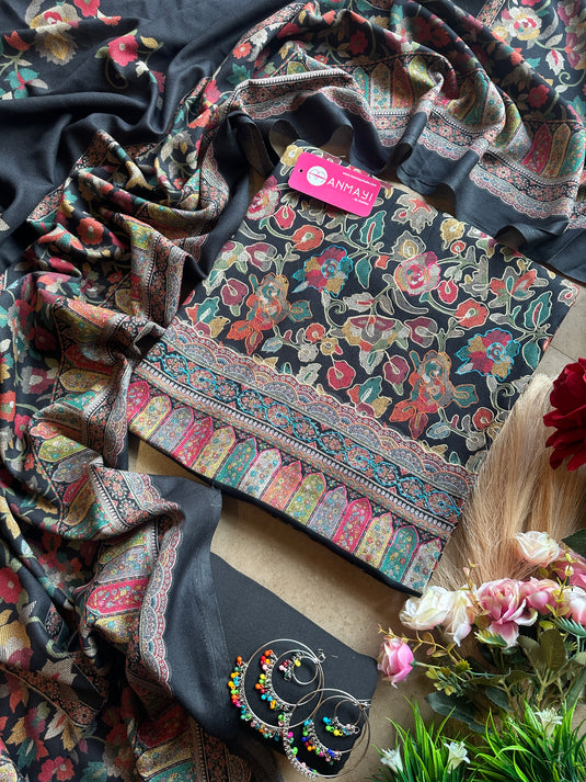 Aari work outline alpine pashmina coloured suit set