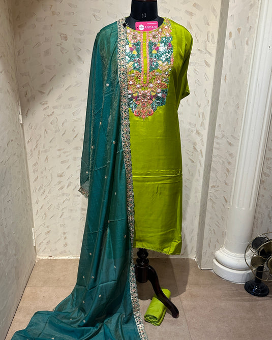 Green teal combination hand embroidered neck line Upada silk sets