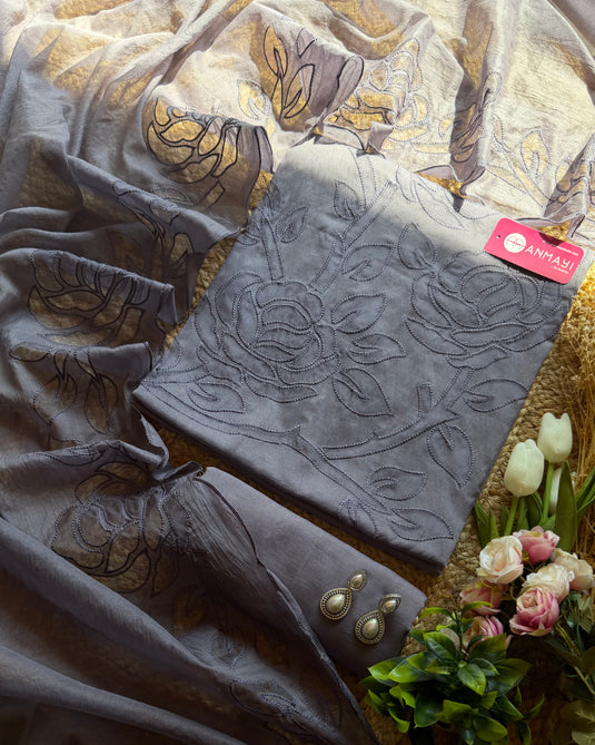 Applique work english shades mul chanderi suit set