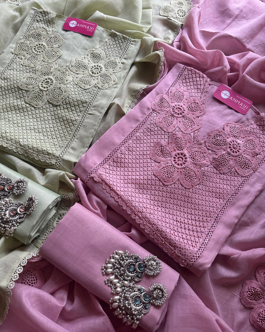 Pakistani cotton linen crochet work suit sets