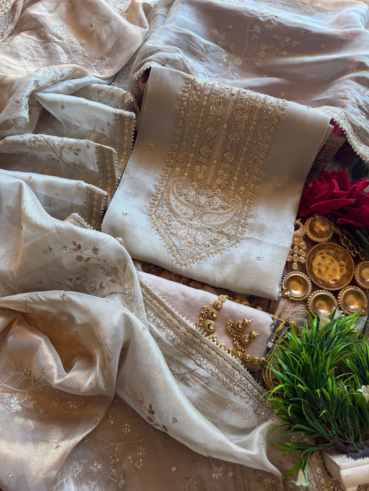 Rose gold ivory dual dupatta tissue organza suit set