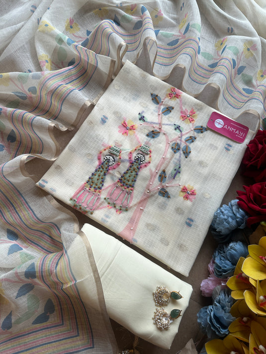 Village scene ivory Kota Banarasi suit set
