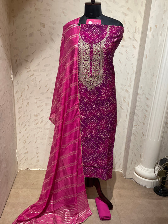 Bandhani print festive modal suit set with banarasi cotton dupatta
