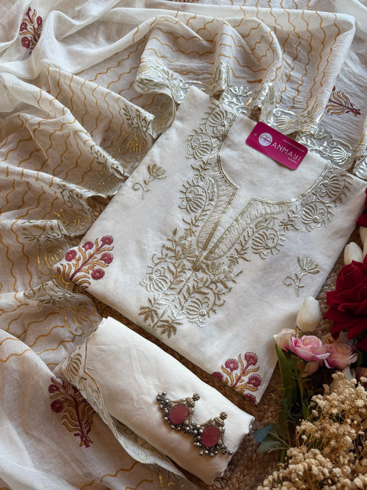 Mul Chanderi Ivory block print suit set