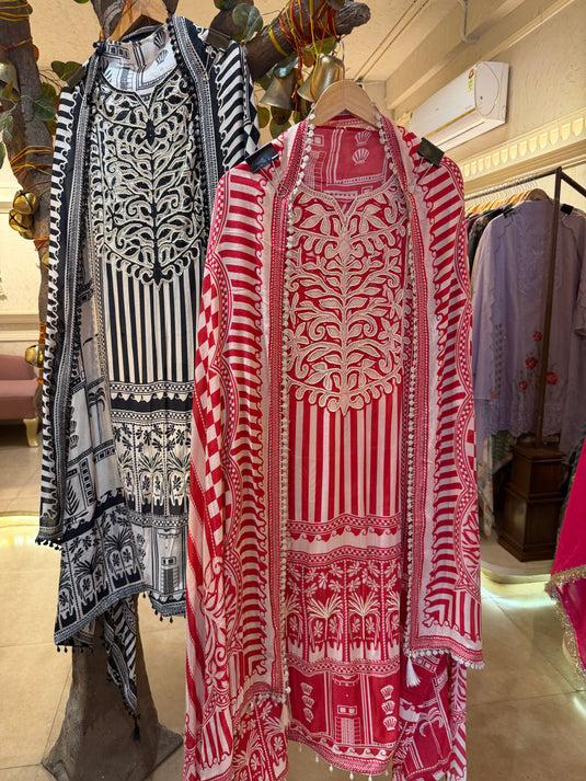 Patterned pearl work pure muslin suit set